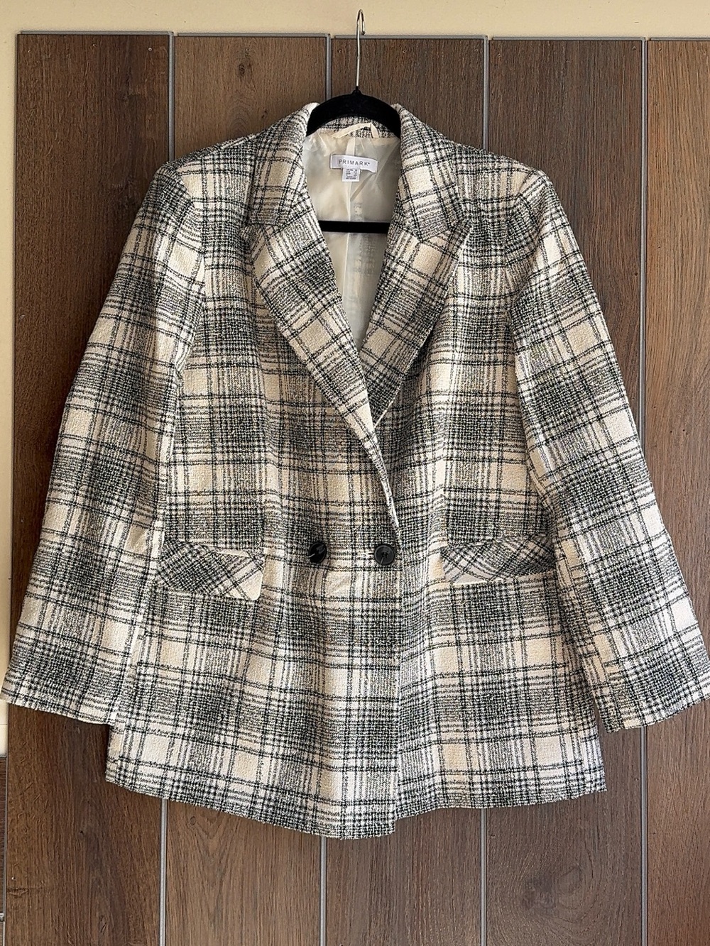 Primark Cream & Black Plaid Double-Breasted Blazer